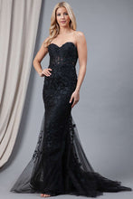 AC 7024 - Strapless Embroidered Fit & Flare Prom Gown with Sheer Boned Bodice & Lace Up Corset Back PROM GOWN Amelia Couture 2 BLACK 