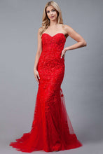 AC 7024 - Strapless Embroidered Fit & Flare Prom Gown with Sheer Boned Bodice & Lace Up Corset Back PROM GOWN Amelia Couture 2 RED 