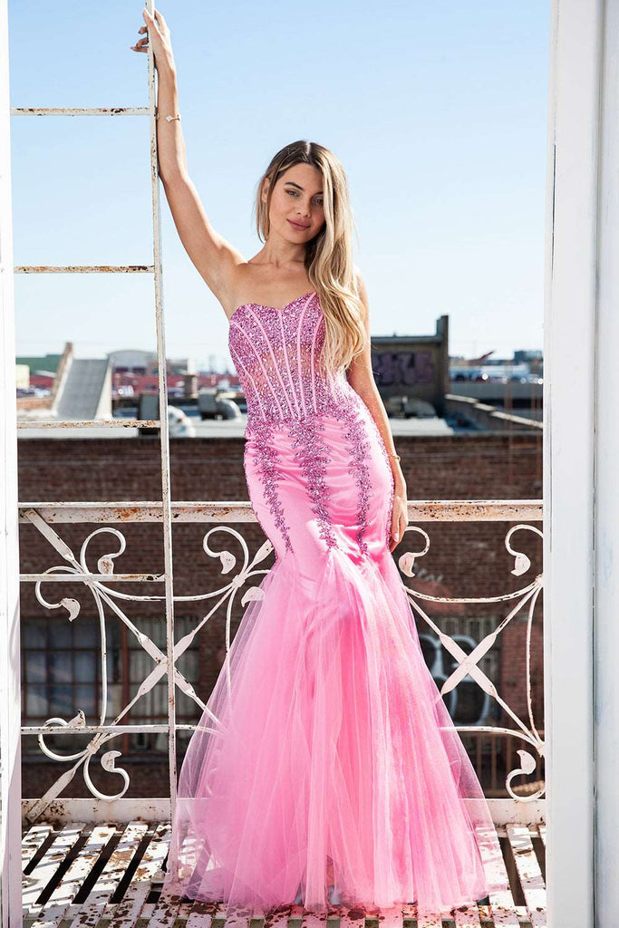AC 7024 - Strapless Embroidered Fit & Flare Prom Gown with Sheer Boned –  Diggz Formals