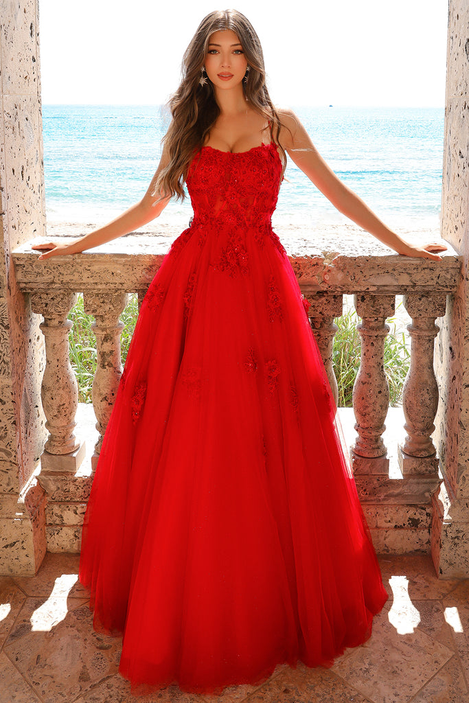 AC 7035 - Beaded Floral Applique A-Line Prom Gown With Sheer Boned Bodice &  Lace Up Corset Back