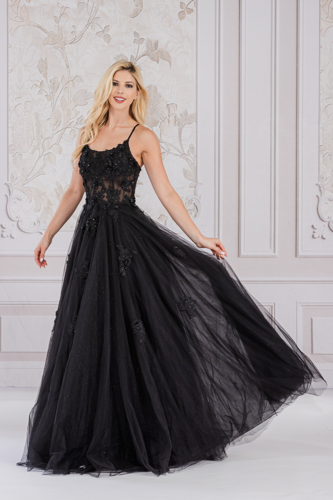 AC 7035 - Beaded Floral Applique A-Line Prom Gown With Sheer Boned Bod – Diggz  Formals
