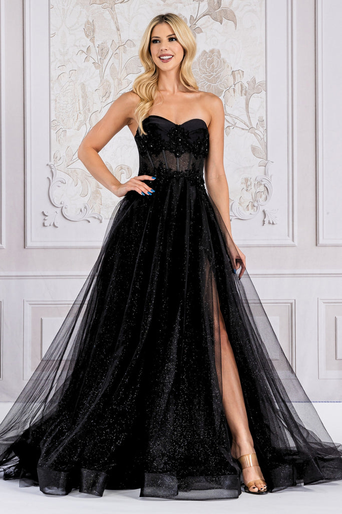AC 7042 - Strapless Layered Tulle A-Line Prom Gown With Floral Applique  Sheer Boned Bodice & Lace Up Open Back