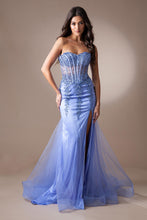 AC 7051 - Strapless Fit and Flare Prom Gown with Sheer Bead Embellished Boned Corset Bodice Leg Slit & Open Lace Up Back PROM GOWN Amelia Couture 0 PERIWINKLE 