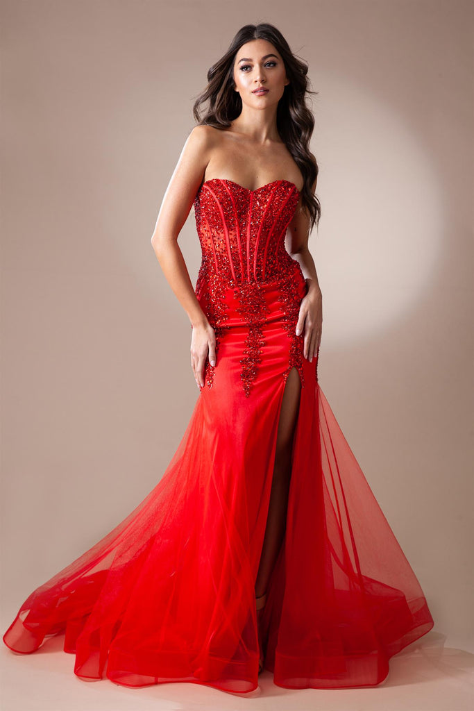 AC 7051 - Strapless Fit and Flare Prom Gown with Sheer Bead Embellished  Boned Corset Bodice Leg Slit & Open Lace Up Back