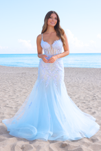 AC 2120 - Beaded Lace Embellished Mermaid Prom Gown with Sheer Boned V-Neck Bodice & Open Lace Up Back PROM GOWN Amelia Couture 2 Baby Blue