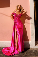 N E1451 - Off The Shoulder Floral Sequin Embroidered Prom Gown With Glitter Embellishments & Side Sash PROM GOWN Nox 2 FUCHSIA 