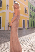 N F1468 - Sequin Patterned Fit & Flare Prom Gown with Sheer Plunging V-Neck Bodice & Leg Slit PROM GOWN Nox