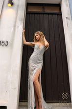 N F1468 - Sequin Patterned Fit & Flare Prom Gown with Sheer Plunging V-Neck Bodice & Leg Slit PROM GOWN Nox 8 SILVER NUDE