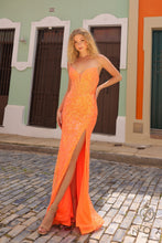 N F1470 - Strapless Fit & Flare Sequin Prom Gown Featuring Sheer Sides With Boned Bodice & Leg Slit PROM GOWN Nox 2 NEON ORANGE 