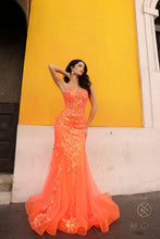 N Q1390 - Iridescent Sequin Printed Fit & Flare Prom Gown with Sheer Boned Bodice Spaghetti Straps & Layered Tulle Skirt PROM GOWN Nox 0 NEON ORANGE 
