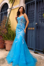 N Q1390 - Iridescent Sequin Printed Fit & Flare Prom Gown with Sheer Boned Bodice Spaghetti Straps & Layered Tulle Skirt PROM GOWN Nox 0 OCEAN BLUE 