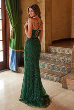 N C1616 - Bead Patterned Fit & Flare Prom Gown with V-Neck Leg Slit & Open Lace Up Back PROM GOWN Nox