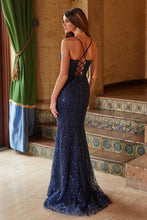 N C1616 - Bead Patterned Fit & Flare Prom Gown with V-Neck Leg Slit & Open Lace Up Back PROM GOWN Nox