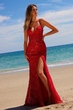 N C1616 - Bead Patterned Fit & Flare Prom Gown with V-Neck Leg Slit & Open Lace Up Back PROM GOWN Nox 00 Red