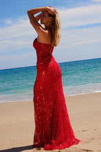 N C1616 - Bead Patterned Fit & Flare Prom Gown with V-Neck Leg Slit & Open Lace Up Back PROM GOWN Nox