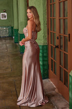 N E1534 - Stretch Satin Fit & Flare Prom Gown with Boned Sequin Appliqued Bodice Lace Up Corset Back & Leg Slit PROM GOWN Nox