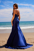 N E1488 - Stretch Satin Fit & Flare Prom Gown with Beaded Applique Bodice Open Lace-Up Back & Leg Slit PROM GOWN Nox
