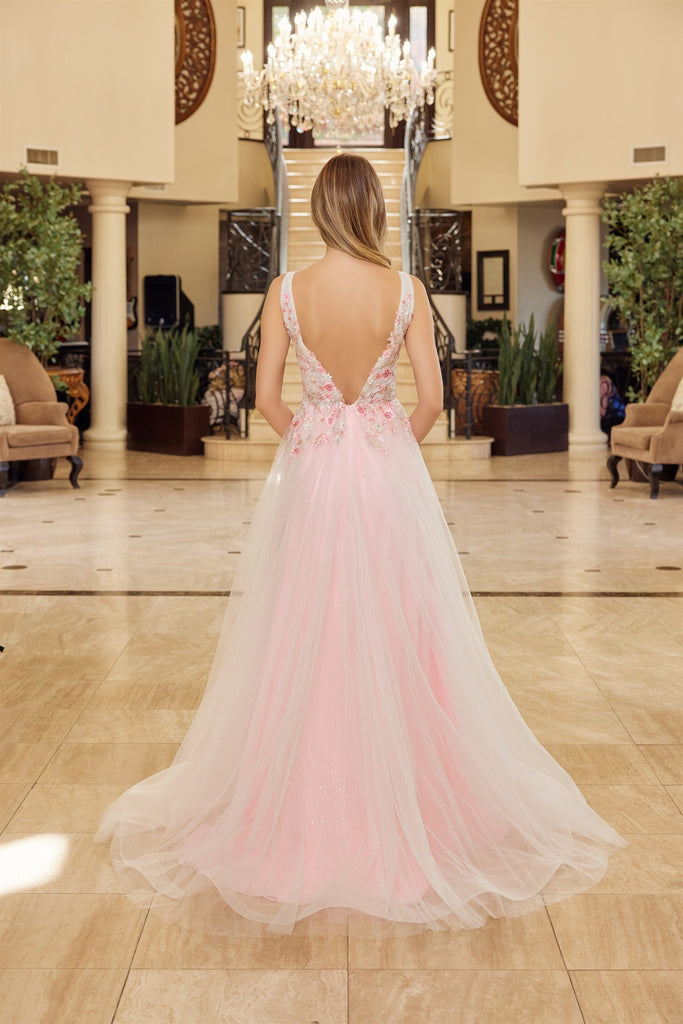 N Y1799 - Layered Tulle A-Line Prom Gow with 3D Beaded floral Embroidered Bodice Leg Slit & V-Back N Y1799 - Layered Tulle A-Line Prom Gow with 3D Beaded floral Embroidered Bodice Leg Slit & V-Back