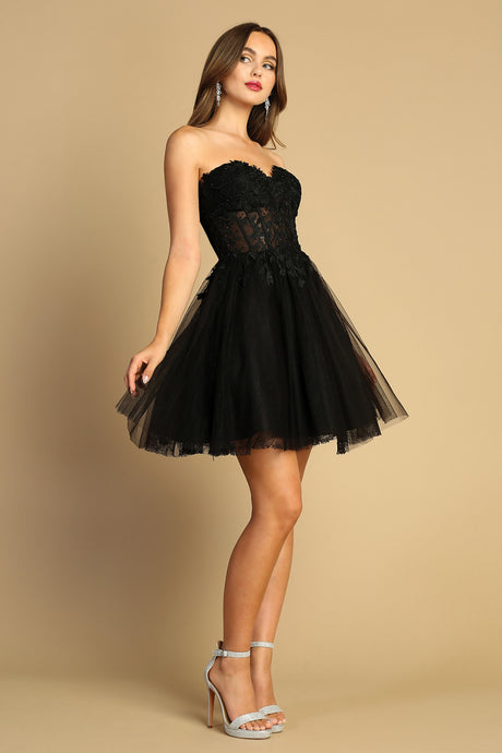 AD 1047 - Short Strapless Boned Bodice Homecoming Dress With Lace Up Corset Back Homecoming Adora XS BLACK 