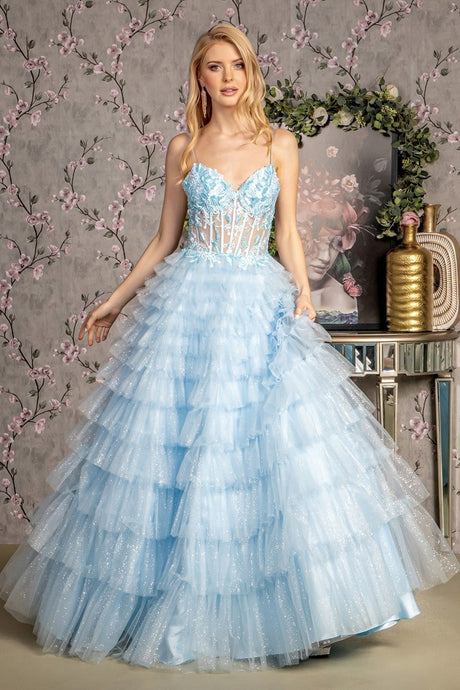 GL 3464 - Glitter Tulle A-Line Ball Gown with Sheer Embroidered Boned Corset Bodice & Layered Ruffle Skirt PROM GOWN GLS L BABY BLUE 