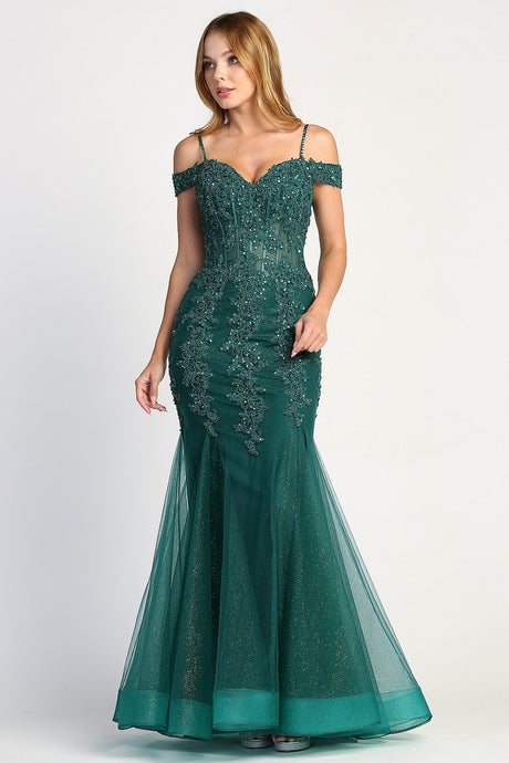 AD 3005 -Beaded Lace Embellished Off the Shoulder Fit & Flare Prom Gown With Sheer Boned Bodice PROM GOWN Adora XS EMERALD 