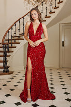 AD 3113 - Full Sequin Fit & Flare Prom Gown with Plunging V-Neck Open Lace Up Back & leg Slit PROM GOWN Adora XS RED