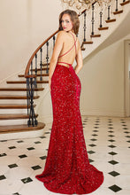 AD 3113 - Full Sequin Fit & Flare Prom Gown with Plunging V-Neck Open Lace Up Back & leg Slit PROM GOWN Adora