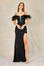 AD 3124 - Glitter Embellished Off The Shoulder Corset Back Prom Gown With Feather Accented Straps & Detailed Leg Slit PROM GOWN Adora XS BLACK
