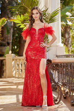 AD 3124 - Glitter Embellished Off The Shoulder Corset Back Prom Gown With Feather Accented Straps & Detailed Leg Slit PROM GOWN Adora XS RED