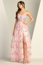 AD 3217 - Sequin Embellished Layered Ruffle A-Line Prom Gown with Sheer Boned Bodice Open Lace Up Corset Back & Leg Slit PROM GOWN Adora XS BLUSH