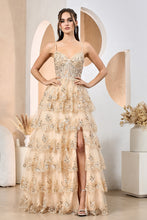 AD 3217 - Sequin Embellished Layered Ruffle A-Line Prom Gown with Sheer Boned Bodice Open Lace Up Corset Back & Leg Slit PROM GOWN Adora XS CHAMPAGNE