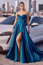 CD 7481 - Satin A-Line Formal Gown with Boned Scoop Neck Bodice Leg Slit & Open Lace Up Back PROM GOWN Cinderella Divine 2 French Navy