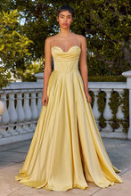 CD 7481 - Satin A-Line Formal Gown with Boned Scoop Neck Bodice Leg Slit & Open Lace Up Back PROM GOWN Cinderella Divine 2 Light Yellow