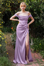 CD 7492 - Off the Shoulder Stretch Satin Fit & Flare Prom Gown with Boned Bodice & Leg Slit PROM GOWN Cinderella Divine 2 LAVENDER 