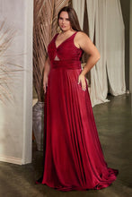 CD 7497C - Plus Size Stretch Satin A-Line Prom Gown with Ruched Keyhole Bodice PROM GOWN Cinderella Divine 18 BURGUNDY