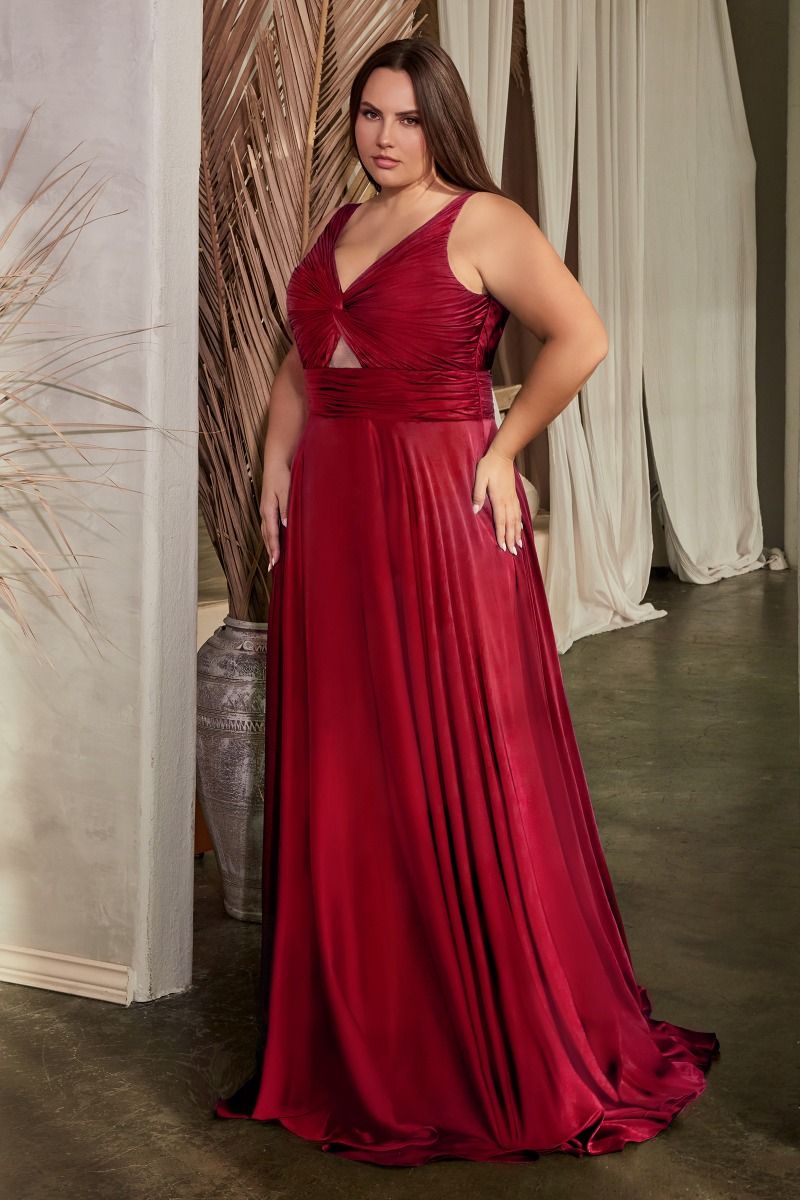 CD 7497C - Plus Size Stretch Satin A-Line Prom Gown with Ruched Keyhole Bodice PROM GOWN Cinderella Divine 18 BURGUNDY