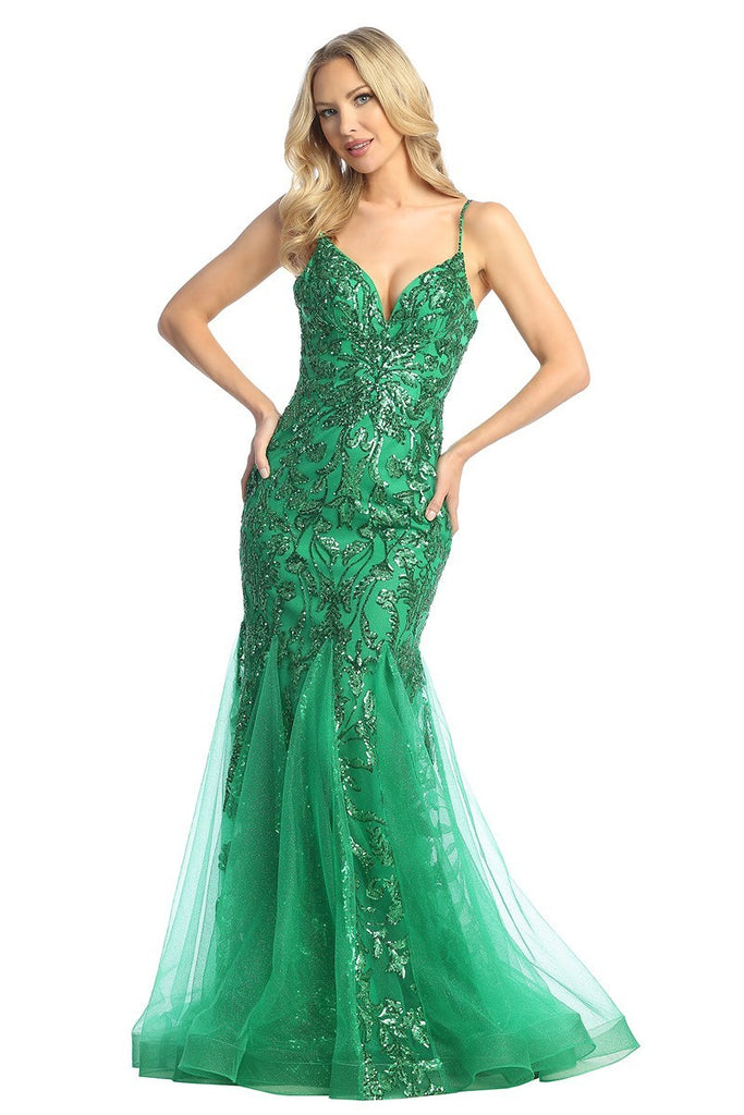 LF 7888 Sequin Embellished Fit & Flare Prom Gown with Sheer V-Neck