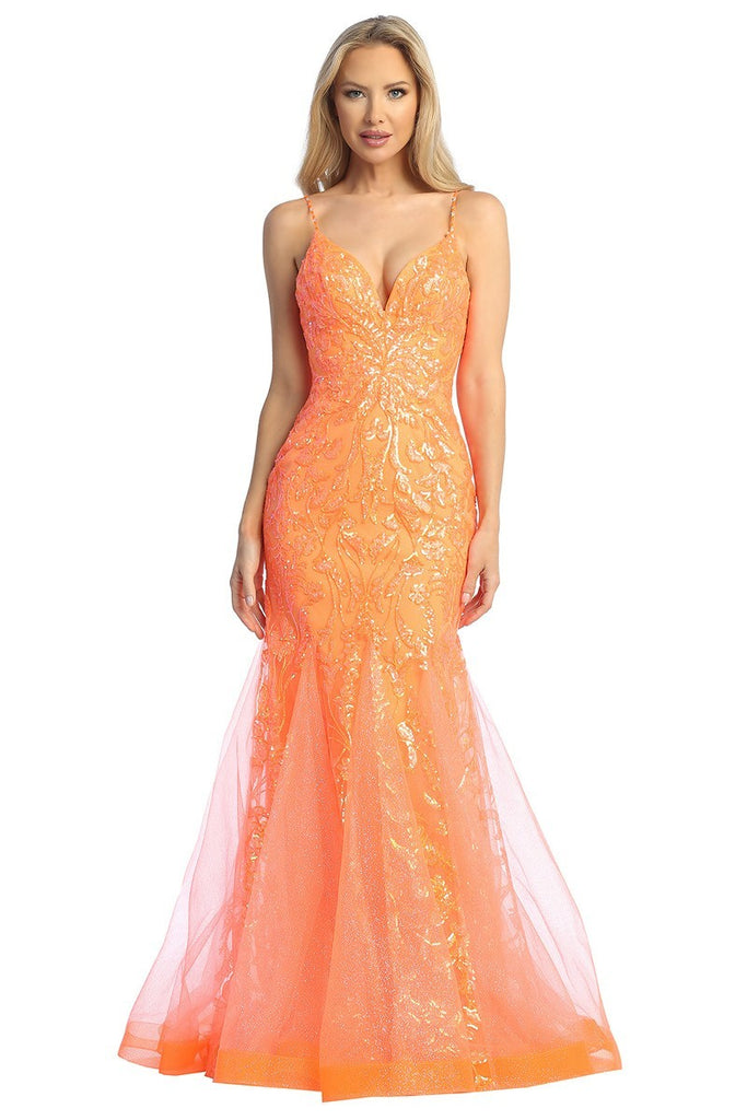 LF 7888 Sequin Embellished Fit & Flare Prom Gown with Sheer V-Neck