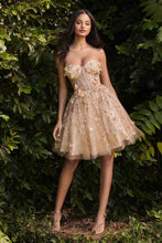 CD 9243 - Glitter Print 3D Floral Homecoming Dress with Sheer Boned Bodice & Lace Up Corset Back HOMECOMING Cinderella Divine XS CHAMPAGNE