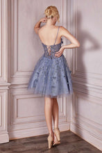 CD 9243 - Glitter Print 3D Floral Homecoming Dress with Sheer Boned Bodice & Lace Up Corset Back HOMECOMING Cinderella Divine XS SMOKY BLUE
