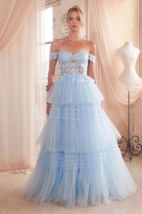 CD 9315 - Off the Shoulders A-Line Prom Gown with Sheer Corset Bodice & Layered Pleated Tulle Skirt PROM GOWN Cinderella Divine   