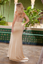 N H1668 - Off the Shoulder Stretch Satin Fit & Flare Prom Gown with Sheer Beaded Appliqued Cowl Neck Bodice Lace-Up Back & Leg Slit PROM GOWN Nox