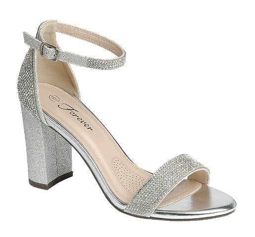 Women's Rhinestone Embellished Open Toe Sandal with Ankle Strap & Block Heel WOMENS DRESS SHOES FOREVER 5 SILVER