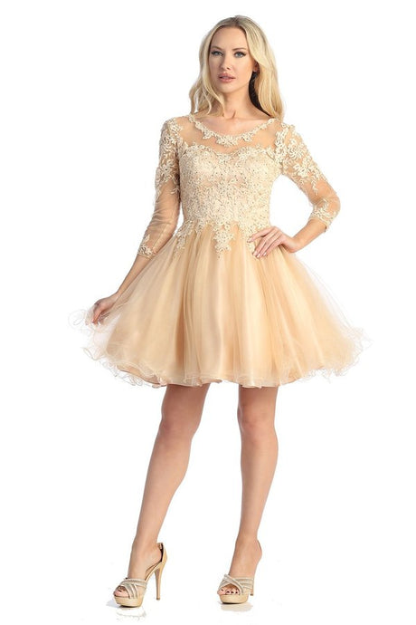 LF 6272 - Long Sleeve Homecoming Dress with Beaded Lace Applique Bodice & Layered Tulle Skirt Homecoming Let's Fashion XS CHAMPAGNE 