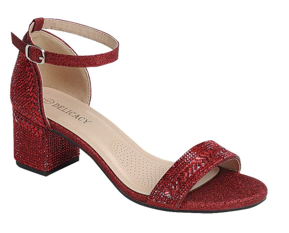 Women's Red Rhinestone Embellished Block Heel with Ankle Strap & Open Toe Strap WOMENS DRESS SHOES FOREVER 5 RED