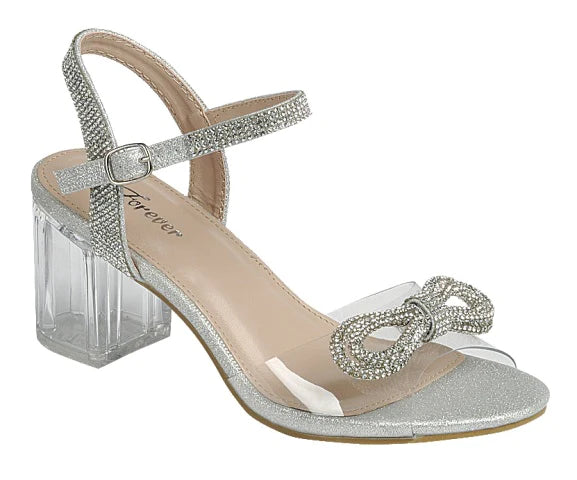 Women's Clear Rhinestone Embellished Bow & Ankle Strap Dress Block Heels WOMENS DRESS SHOES FOREVER 5 SILVER