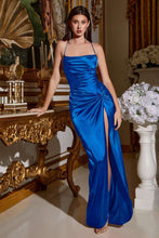 CD BD111 - Satin Fit & Flare Prom Gown with Gathered Waist Leg Slit & Open Lace Up Corset Back PROM GOWN Cinderella Divine XS ROYAL 