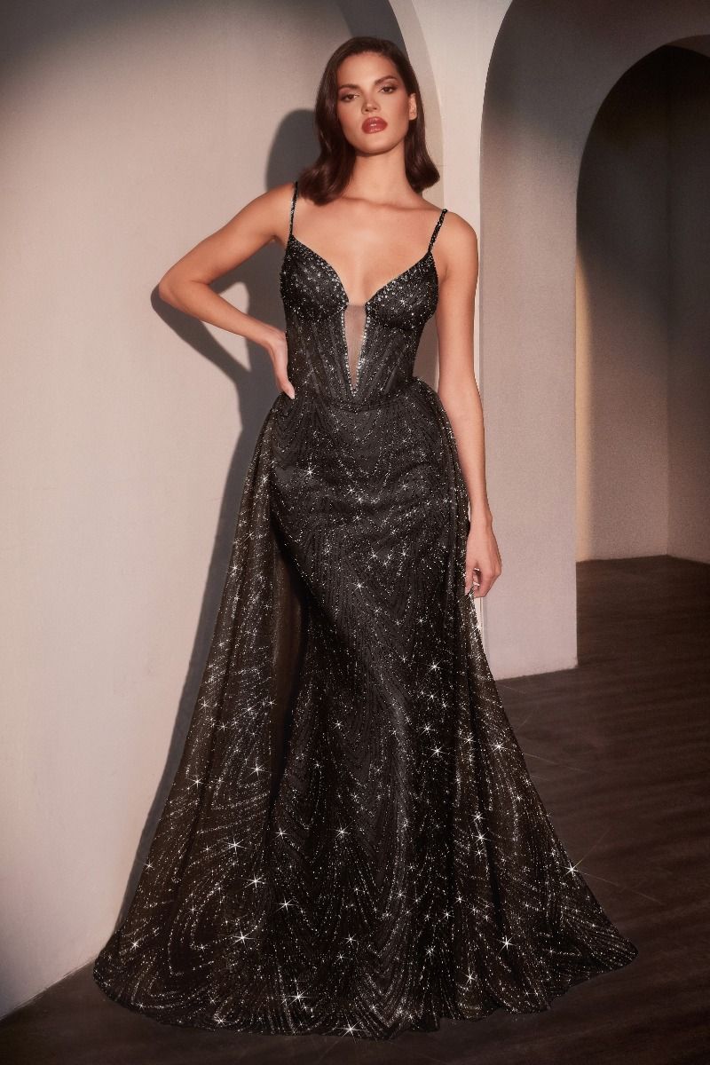 CD C167 - Strapless Glitter Print Fit & Flare Prom Gown with Crystal Trimmed Plunging V-Neck & Overskirt PROM GOWN Cinderella Divine 2 Black