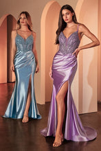 CD CC0238 - Stretch Satin Fit & Flare Prom Gown with Pearl Embellished Plunging V-Neck Bodice & Leg Slit PROM GOWN Cinderella Divine 0 Lavender