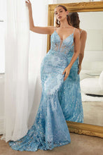 CD CC2189 - Glitter Print Fit & Flare Prom Gown with Sheer Boned V-Neck Bodice Prom Dress Cinderella Divine 4 BLUE 